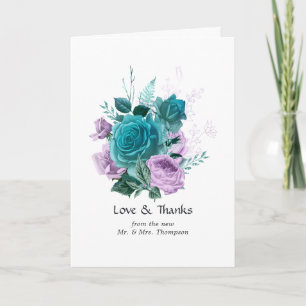 Cartão De Agradecimento Casamento Floral Turquesa e Lavanda