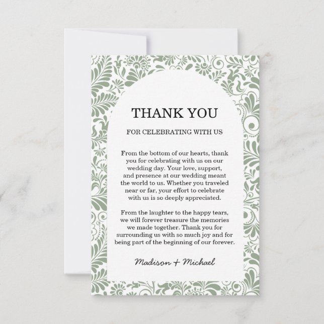 Cartão De Agradecimento Casamento Floral Verde de Swirl Sage Ornamentado E (Frente)