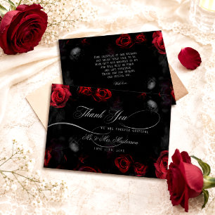 Cartão De Agradecimento Casamento Floral Vermelho Negro Negro Elegante