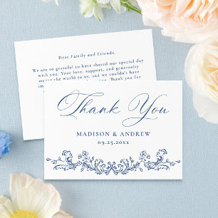 Cartão De Agradecimento Casamento Floral Vitoriano Azul Francês Elegante