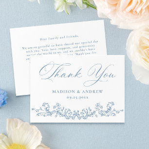 Cartão De Agradecimento Casamento Floral Vitoriano em Azul Poeirento Elega
