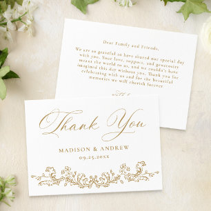 Cartão De Agradecimento Casamento Floral Vitoriano em Ouro Elegante