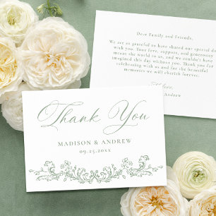 Cartão De Agradecimento Casamento Floral Vitoriano em Verde Sálvia Elegant