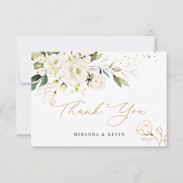 Cartão De Agradecimento Casamento Foliar das Rosas Brancas Greenery Obriga (Frente)