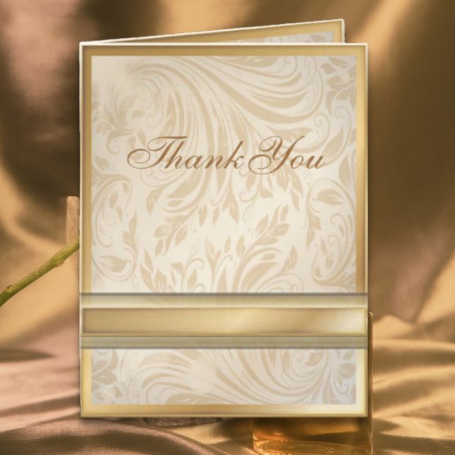 Cartão De Agradecimento Casamento formal em dourado champagne com damasco (Formal champagne gold Damask Wedding Thank You Card)