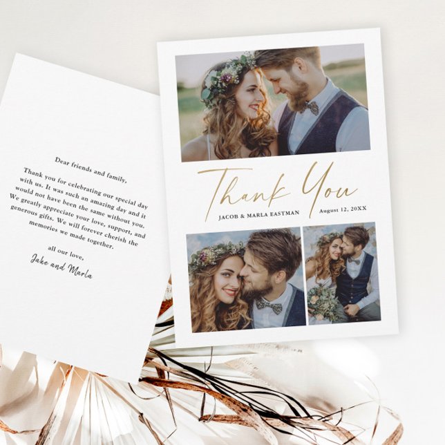 Cartão De Agradecimento Casamento Foto 3 Script Dourado Moderno (Criador carregado)
