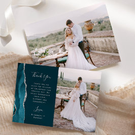 Cartão De Agradecimento Casamento Foto Ágata Azul Teal Prata Script