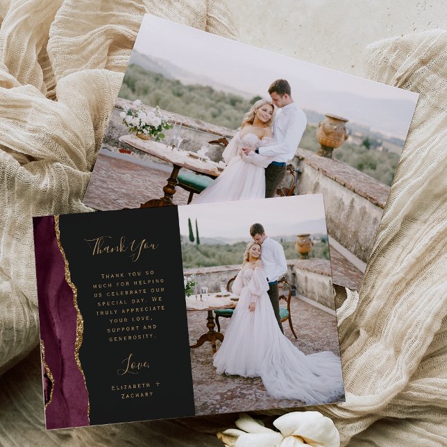 Cartão De Agradecimento Casamento Foto Ágata Borgonha Dourado Script (Criador carregado)