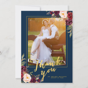 Cartão De Agradecimento Casamento Foto Azul Marinho Dourado Floral Borgonh