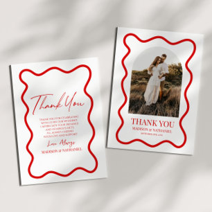 Cartão De Agradecimento Casamento Foto Borda Ondulada Elegante Branco Verm