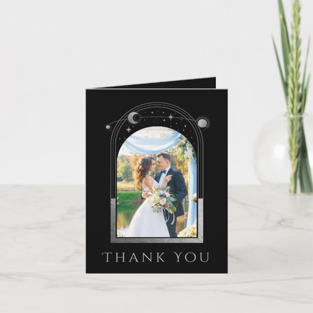 Cartão De Agradecimento Casamento Foto Celestial Preto Prata (Frente)