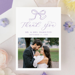 Cartão De Agradecimento Casamento Foto com Laço Lavanda Elegante