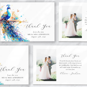 Cartão De Agradecimento Casamento Foto Dourado Azul Pavão