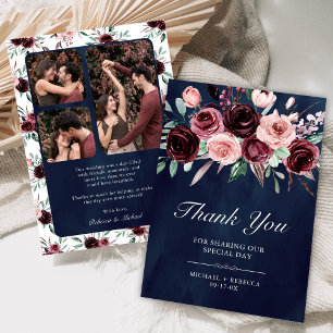 Cartão De Agradecimento Casamento Foto Floral Rosa Empoeirado Borgonha Azu