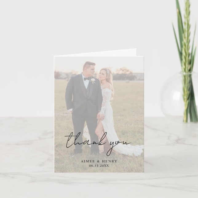 Cartão De Agradecimento Casamento Foto Moderno Script Rústico (Frente)