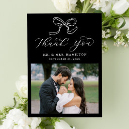 Cartão De Agradecimento Casamento Foto Preto e Branco com Laço Elegante