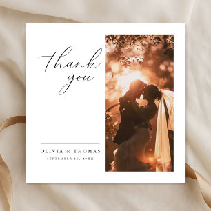 Cartão De Agradecimento Casamento Foto Romântica em Quadrado com Letra Ele