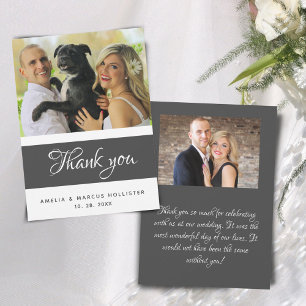 Cartão De Agradecimento Casamento Foto Script Cinza Elegante 2