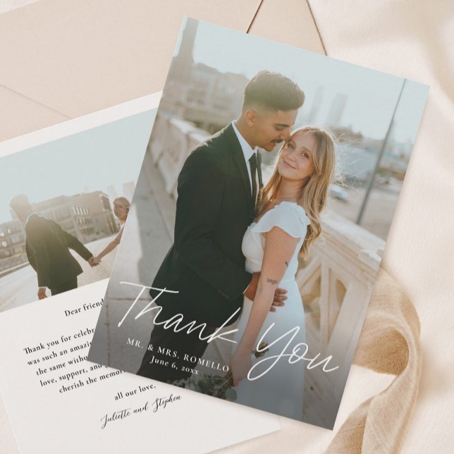 Cartão De Agradecimento Casamento Foto Simples 2 Script Moderno (Handwritten script 2 photo wedding thank you cards.)