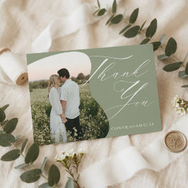 Cartão De Agradecimento Casamento Fotografia Caligrafia Branca Verde Sage
