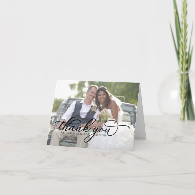 Cartão De Agradecimento Casamento Fotográfico Chic Calliographic Obrigado  (Frente)