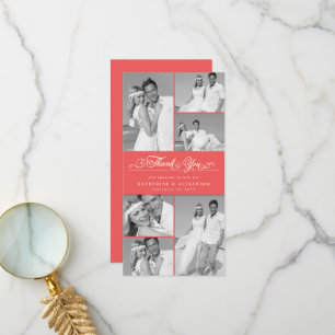 Cartão De Agradecimento Casamento Fotográfico com Banda 6 Vermelho Coral E