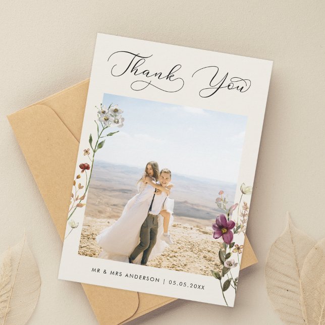 Cartão De Agradecimento Casamento Fotográfico com Ivory Delicate Wildflowe (Criador carregado)