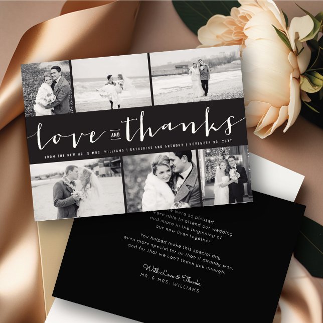 Cartão De Agradecimento Casamento Fotográfico com o Love and Obrigados Mod (Love And Thanks Modern Classic Script 6 Photo Collage Wedding Thank You Card @ fatfatin_blue_knot)