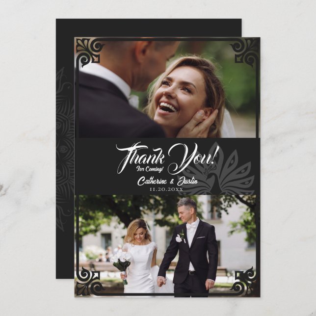 Cartão De Agradecimento Casamento Fotográfico com Peacock Black 2 Modern A (Frente/Verso)