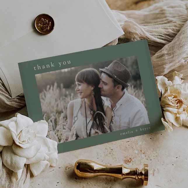 Cartão De Agradecimento Casamento Fotográfico da Floresta Natural da Flore (EMELIA Flat Woodland Nature Forest Photo Wedding Thank You Card)