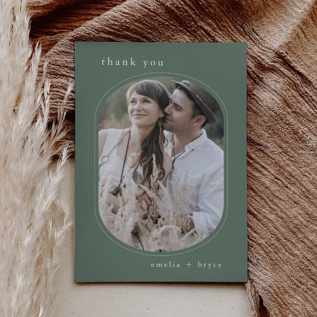 Cartão De Agradecimento Casamento Fotográfico da Montanha EMELIA Flat Sage (EMELIA Flat Sage Green Boho Mountain Photo Wedding Thank You Card)
