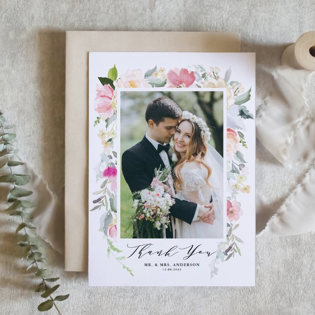 Cartão De Agradecimento Casamento Fotográfico das Flores Pastel Spring (Criador carregado)