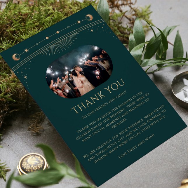 Cartão De Agradecimento Casamento Fotográfico de estrelas Douradas do Sol  (Criador carregado)