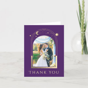 Cartão De Agradecimento Casamento Fotográfico de estrelas Douradas Roxo Ro