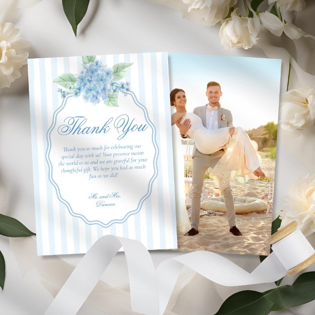Cartão De Agradecimento Casamento Fotográfico de Hydrangea Azul Vitoriano  (Criador carregado)