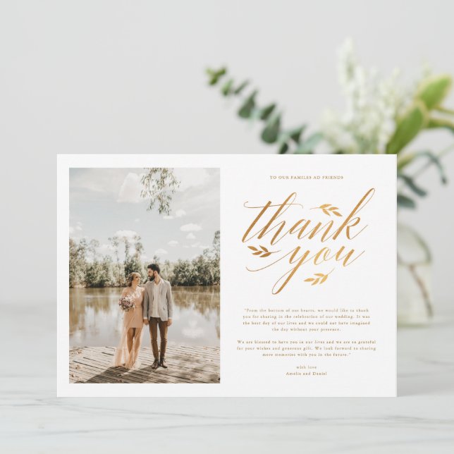 Cartão De Agradecimento Casamento Fotográfico de Luxury Gold Foil (Em pé/Frente)