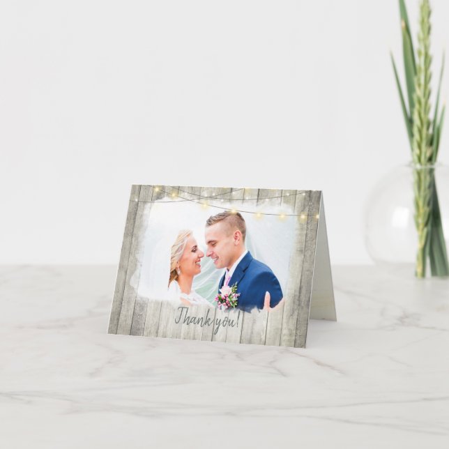 Cartão De Agradecimento Casamento Fotográfico de Luzes de Palha de Madeira (Frente)