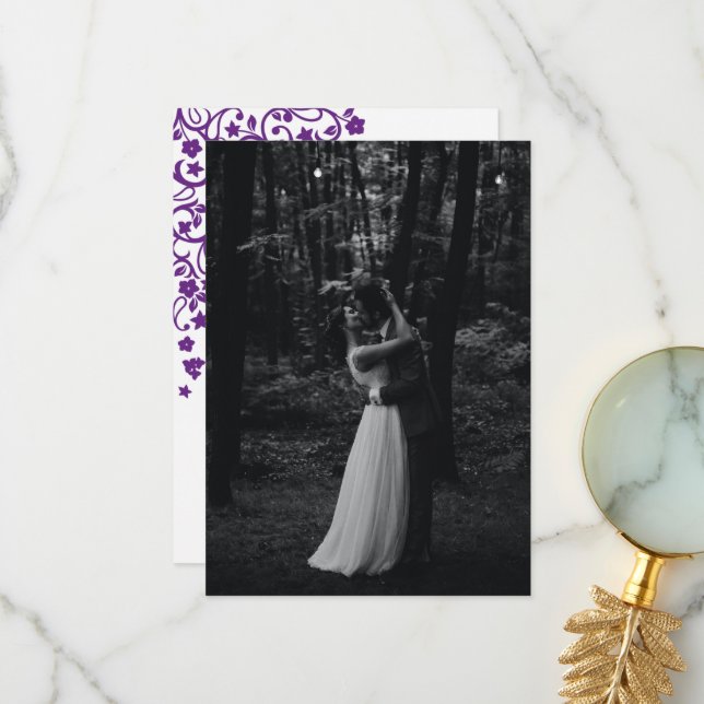 Cartão De Agradecimento Casamento Fotográfico de Pássaros Florais Roxos do (Frente/Verso In Situ)