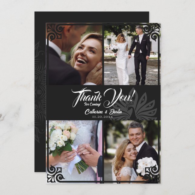 Cartão De Agradecimento Casamento Fotográfico de Peacock Preto 4 da Arte M (Frente/Verso)