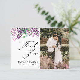 Cartão De Agradecimento Casamento Fotográfico de Script de Aquarela Floral