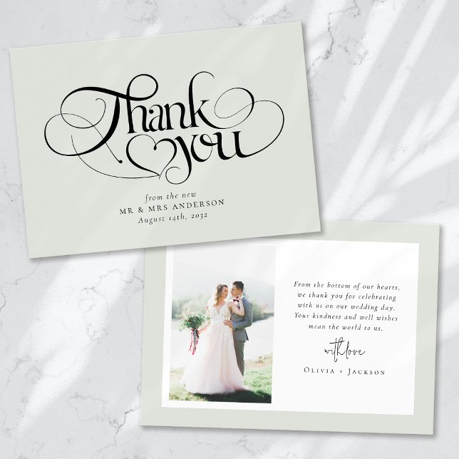 Cartão De Agradecimento Casamento Fotográfico de Script de Caligrafia Chic (Criador carregado)