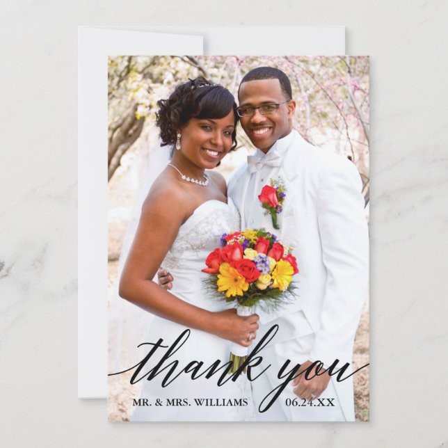 Cartão De Agradecimento Casamento Fotográfico de Script de Caligrafia Eleg (Frente)