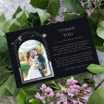 Cartão De Agradecimento Casamento Fotográfico de Sun Silver Sun Moon Black<br><div class="desc">Mística Negra Silver Sun Moon Stars Celestial Foto Casamento Muito obrigado Cartões mostram o sol, a lua e as estrelas com um quadro prateado em volta da sua foto favorita em um fundo preto. Personalize editando o texto nas caixas de texto fornecidas e adicionando sua foto favorita. DICA DA FOTO:...</div>