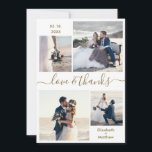 Cartão De Agradecimento Casamento Fotográfico do Elegant Love and Obrigado<br><div class="desc">Ouro elegante, moderno e minimalista e cartões de agradecimentos de casamento personalizado com o roteiro branco 4. modelo de cartões de agradecimentos de casamento com quatro (4) fotos na frente e uma (1) foto no verso. Com o texto "Amor e obrigados" num guião cursivo, escrito à mão, de letras maiúsculas...</div>