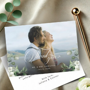 Cartão De Agradecimento Casamento Fotográfico do Modern Emerald Greenery