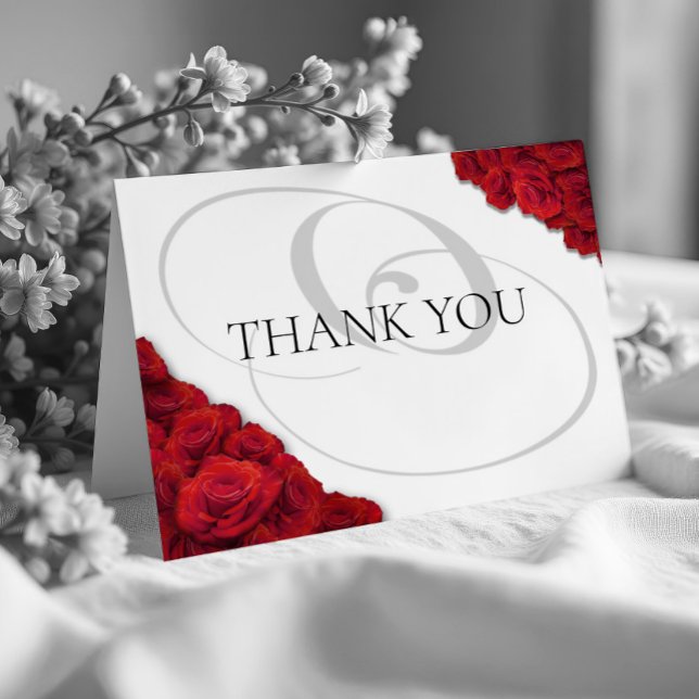 Cartão De Agradecimento Casamento Fotográfico do Rosa vermelha (Classic Red Roses Photo Wedding Thank You Card Front)