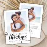 Cartão De Agradecimento Casamento Fotográfico do Script Whimsical Moderno<br><div class="desc">Cartões de agradecimentos De Casamento Fotográfico 2 Do Moderno Whimsical Boho Calliographic. Obrigado de casamento de Na moda chic você modelo com uma foto vertical de cheio na frente com o texto "Obrigado" em uma letra de pincel com letras brancas e sujas tipografia swash tail push script em preto e...</div>