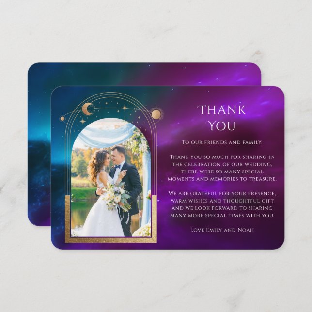Cartão De Agradecimento Casamento Fotográfico do Sun Moon Roxo Cósmico (Frente/Verso)
