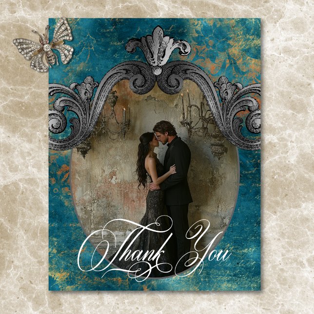 Cartão De Agradecimento Casamento Fotográfico Dourado Damasco com Teal Ant (Gothic Antique Teal Gold Damask Photo Wedding Thank You Card)