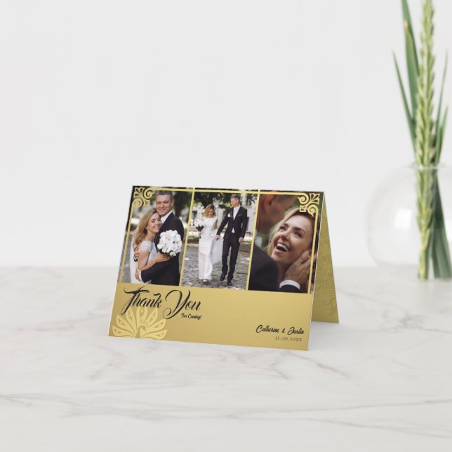 Cartão De Agradecimento Casamento Fotográfico Dourado de Peacock 3 Moderno (Frente)